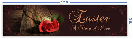 12x3 Horizontal Church Banner of Cross & Rose