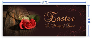 8x3 Horizontal Church Banner of Cross & Rose